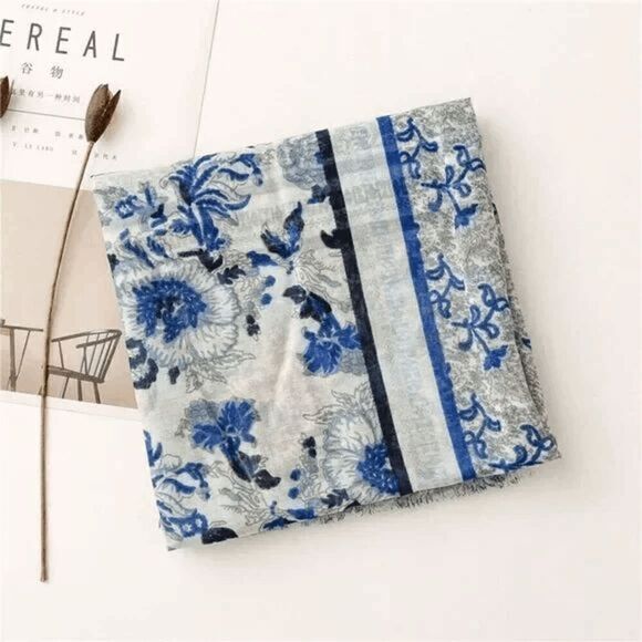 2/$30 Ladies Light Blue Floral Scarf - Picture 2 of 8